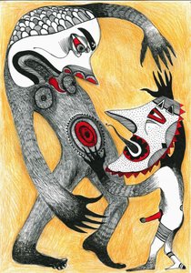 Fight, 2012 (penn, blekk og fargeblyanter på papir)